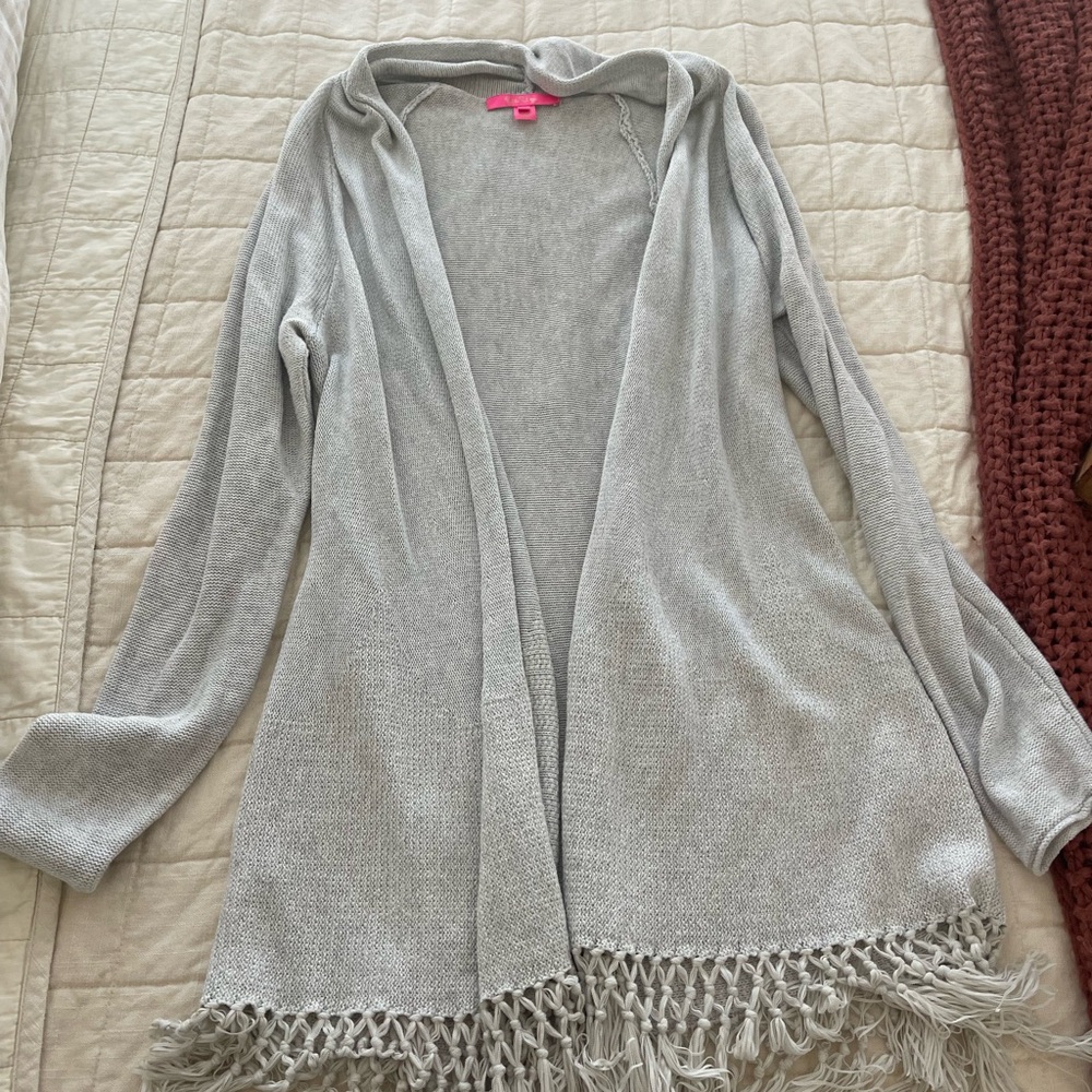 Lilly Pulitzer Tatum Gray metallic Fringe Open Cardigan Sweater size large